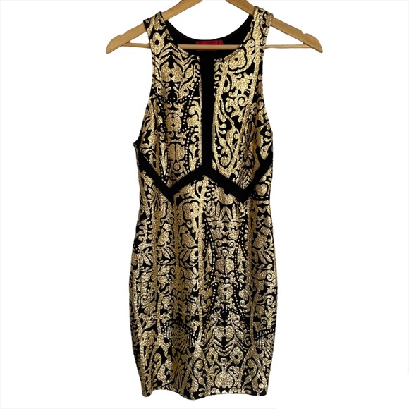 Carina Black and Gold Filigree Baroque High Neck Bodycon Cocktail Dress - Picture 6 of 15